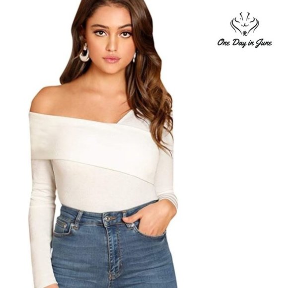 ROMWE Tops - Casual Cross Off Shoulder Deep V Neck Top